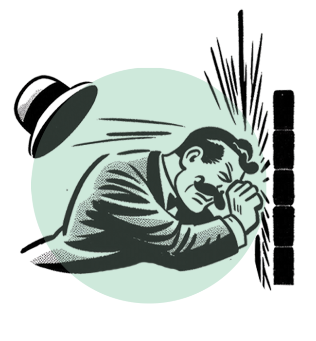 Cartoon person banging their head into a wall