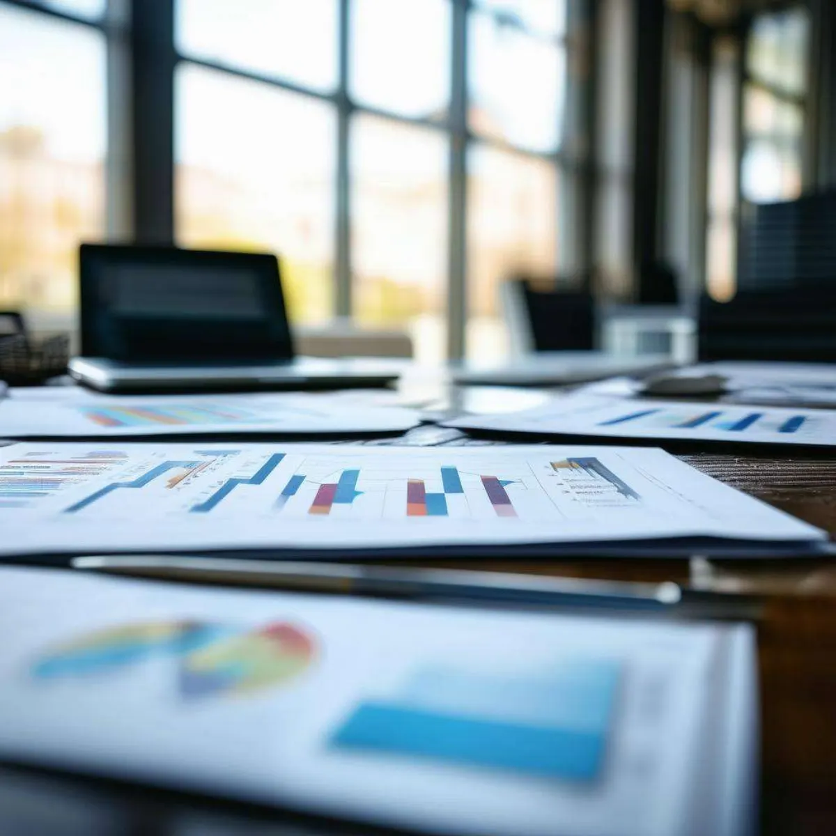 Business setting, table with papers and graphs