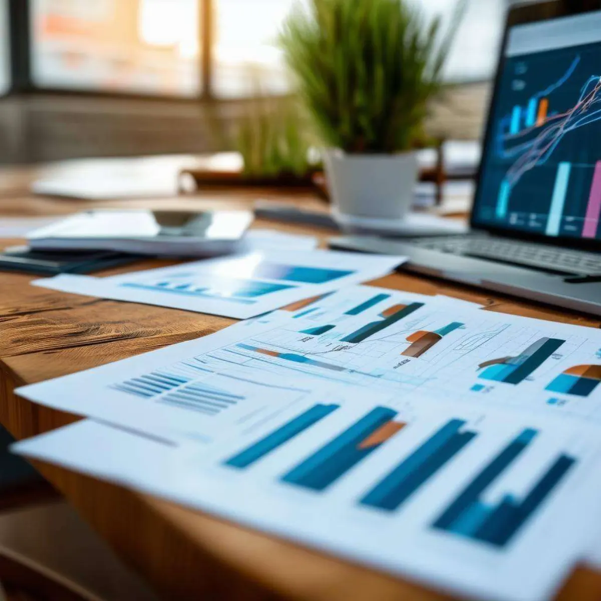 Business setting, table with papers and marketing graphs