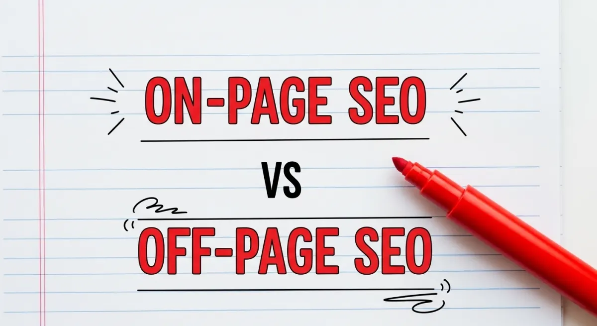 Notebook paper showing "ON-PAGE SEO vs OFF-PAGE SEO" in bold text, with a red marker beside it, illustrating a comparison of SEO strategies.