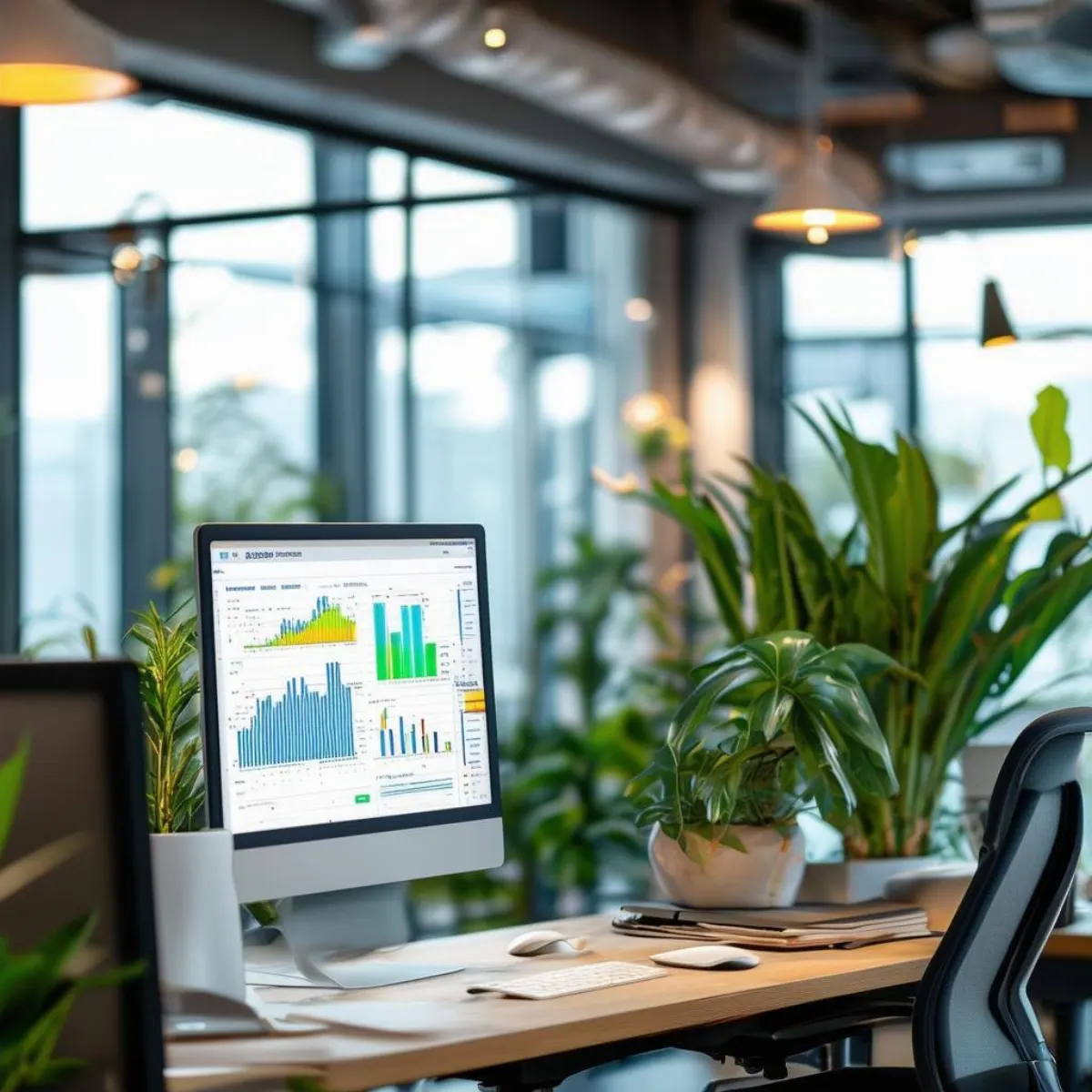 Shows an office with computer and business analysis running on the screen-1