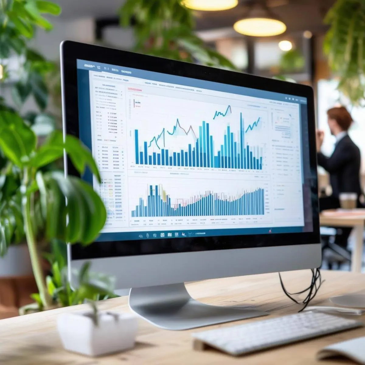 Shows an office with computer and business analysis running on the screen