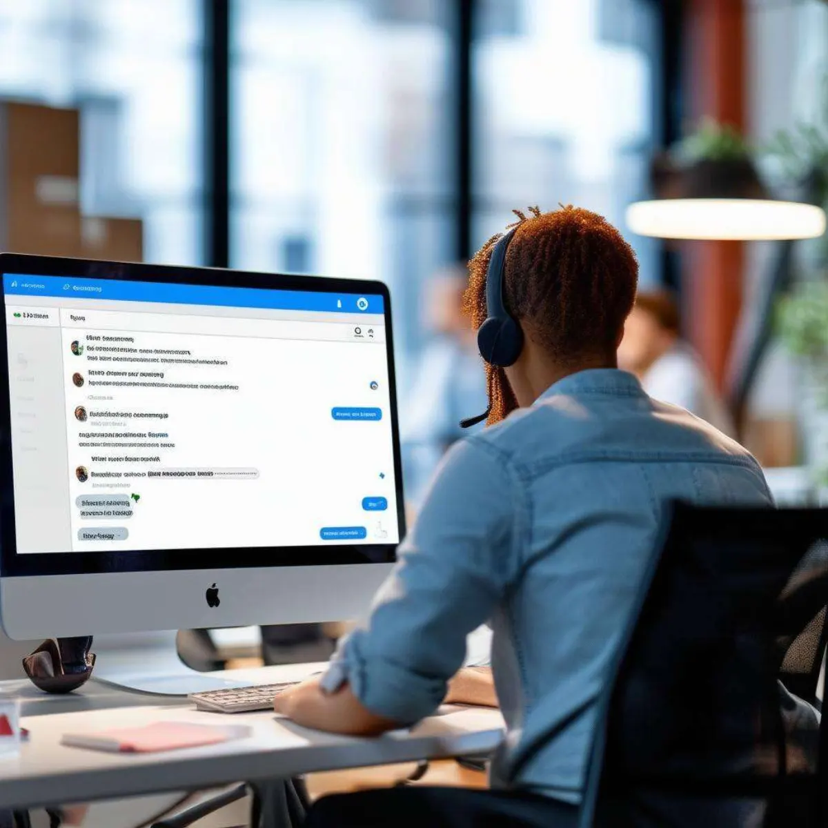Shows customer service person from the back working on computer in office and livechat is shown on the screen