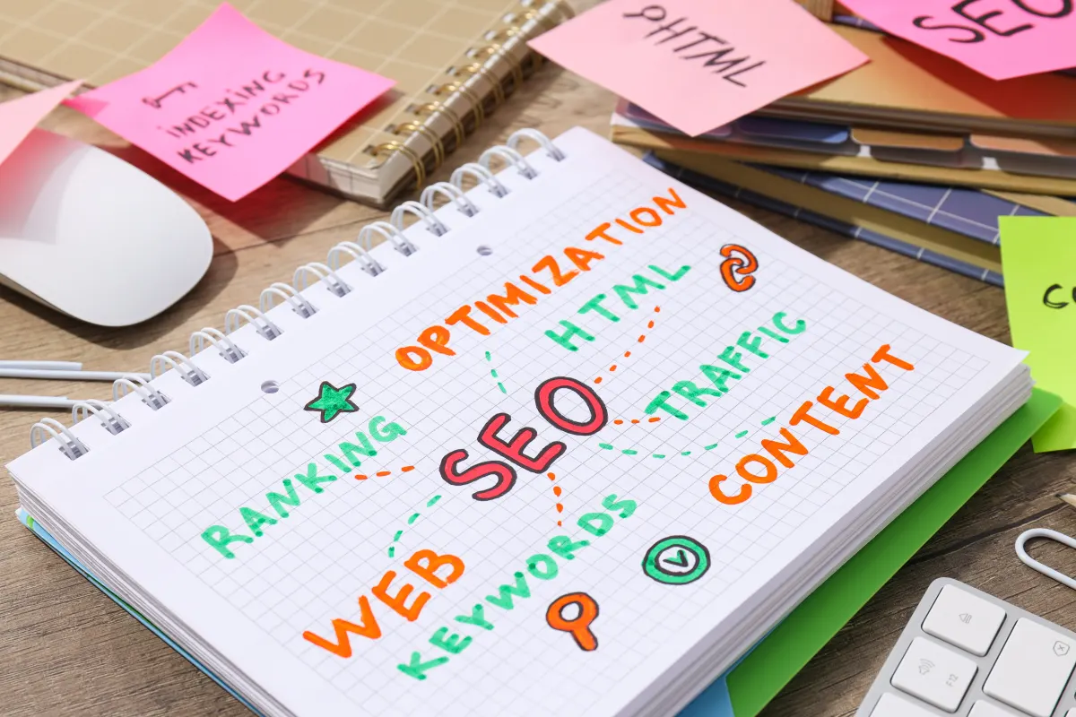 Open notebook with colorful "SEO" mind map linking Ranking, Web, Keywords, Optimization, Traffic, Content, surrounded by notes.
