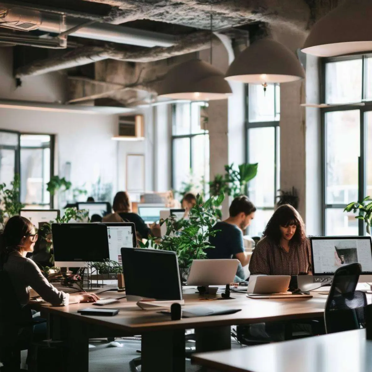 Office setting with people working on their computers, light room with friendly vibe-1