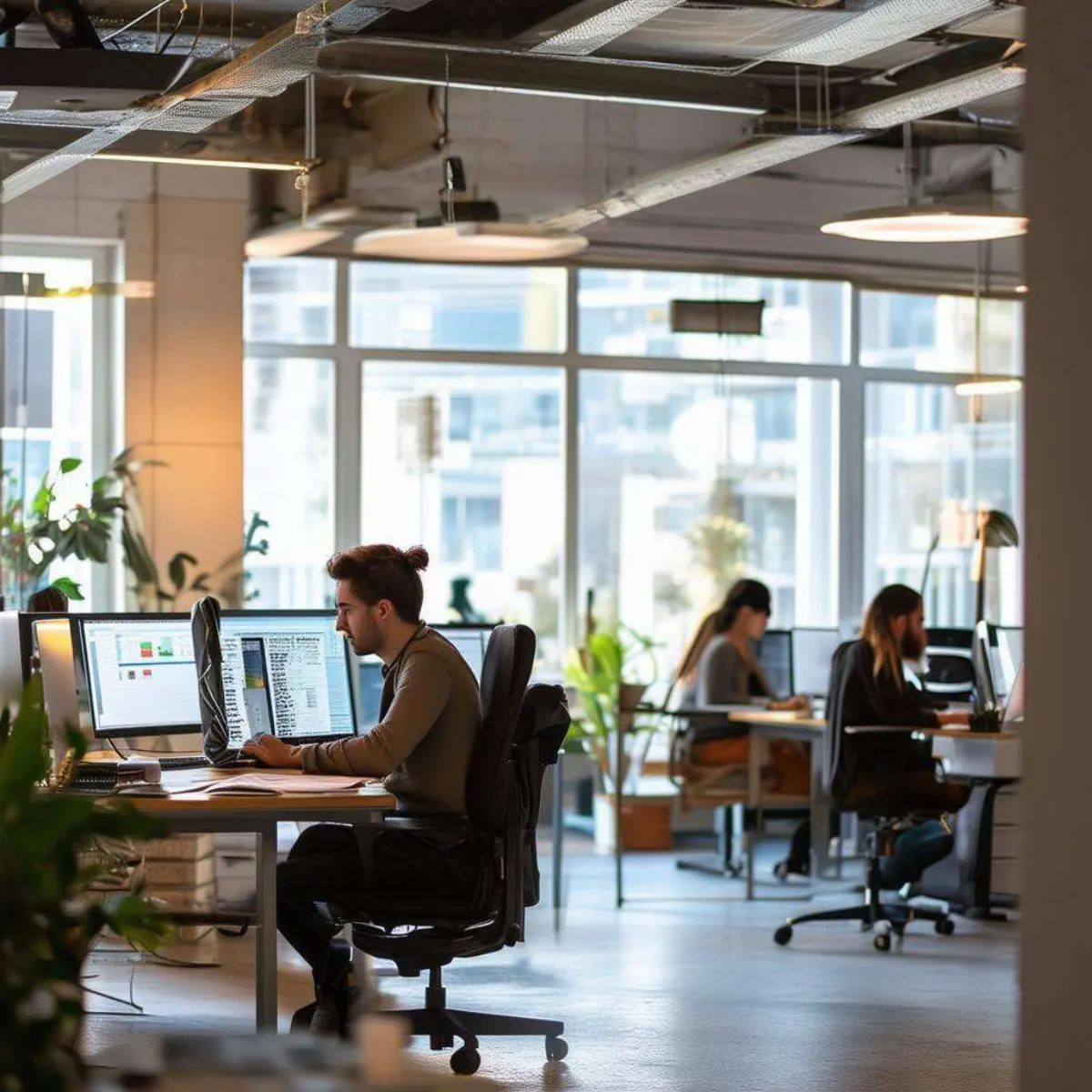 Office setting with people working on their computers, light room with friendly vibe