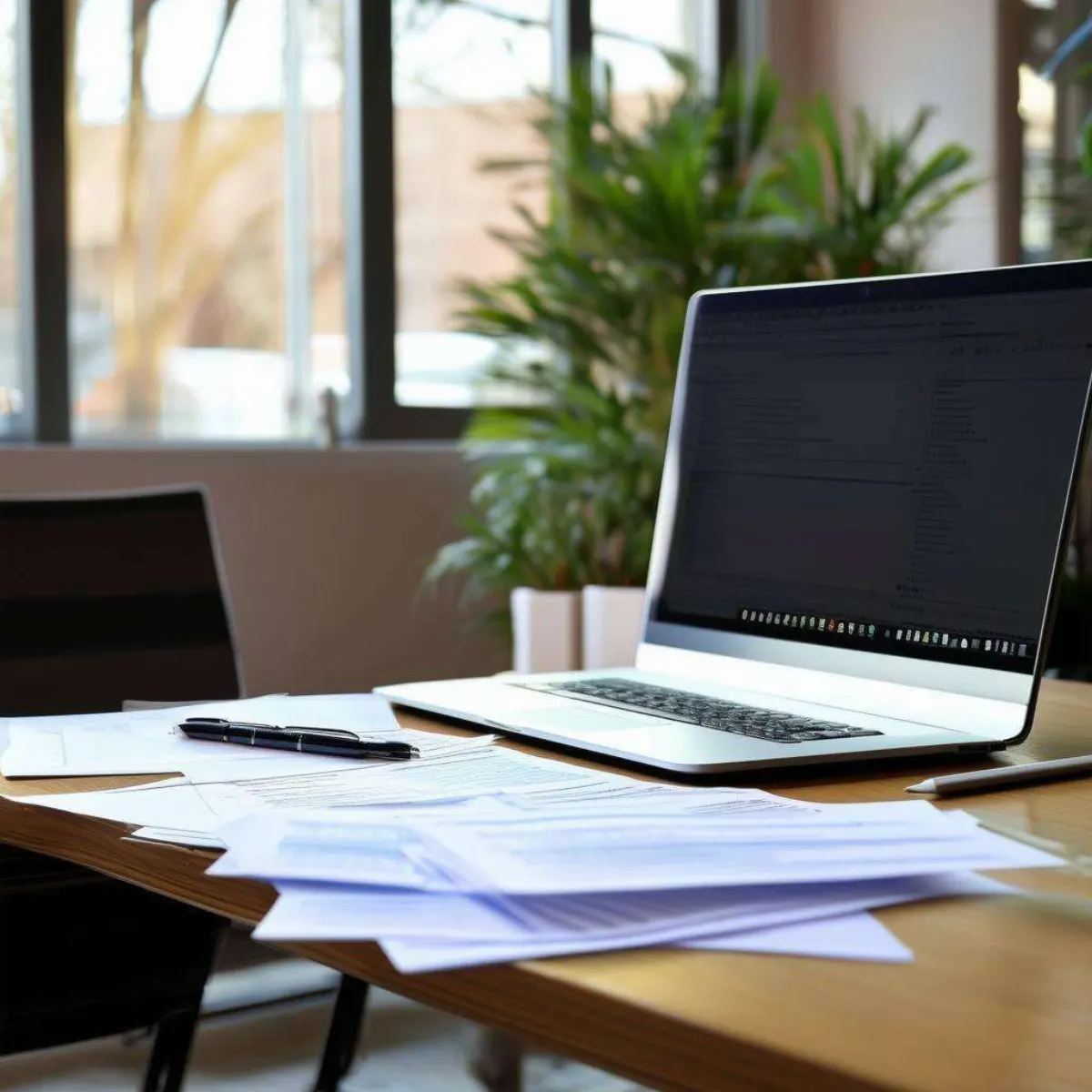 Office table with laptop, papers
