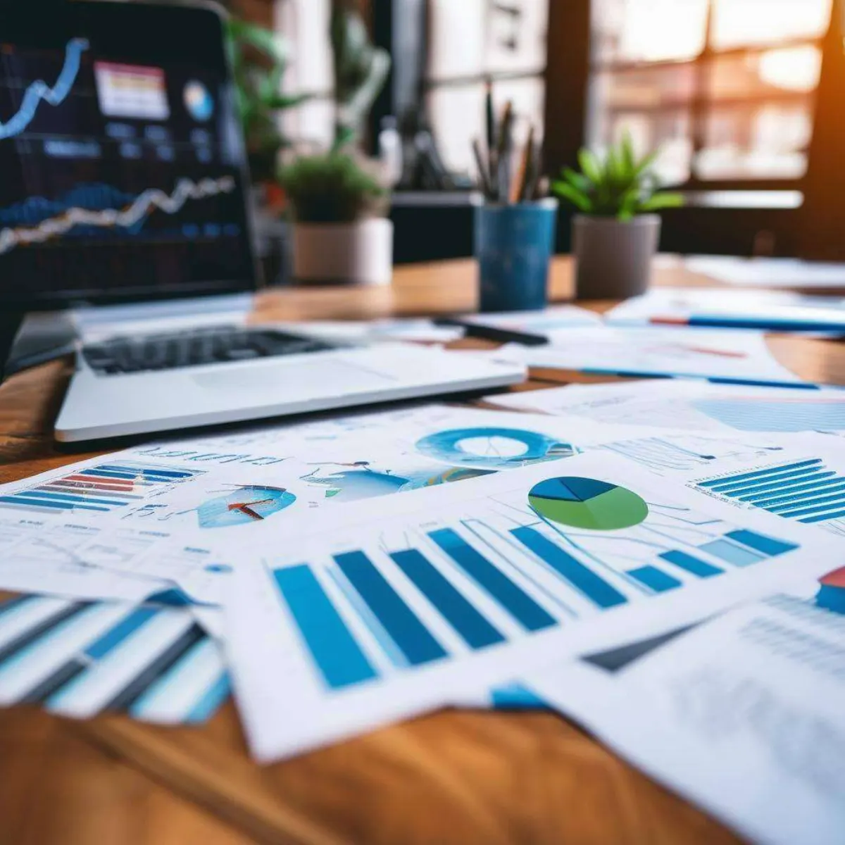 Table with papers and graphs related to digital marketing strategy