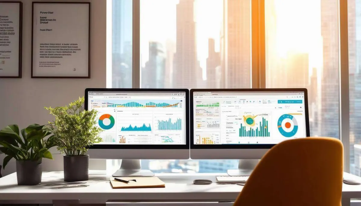 office of a small business with computer showing HubSpot analytics tools.