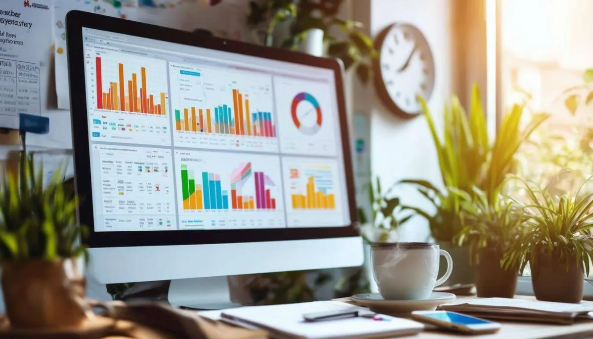 Computer in an office showing HubSpot analytics and data.