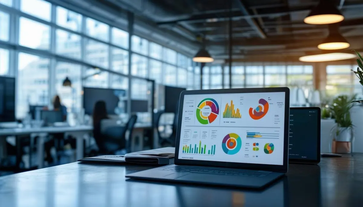 laptop in an office showing HubSpot marketing analytics.