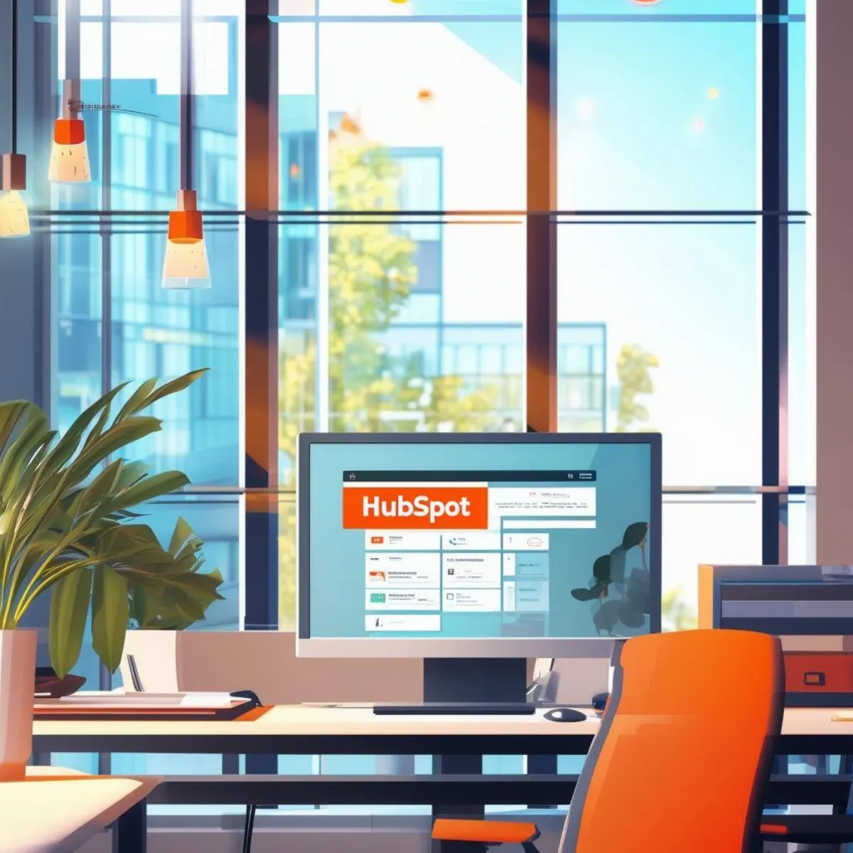 Depicts a sleek, modern office setting bathed in natural light from large windows-3