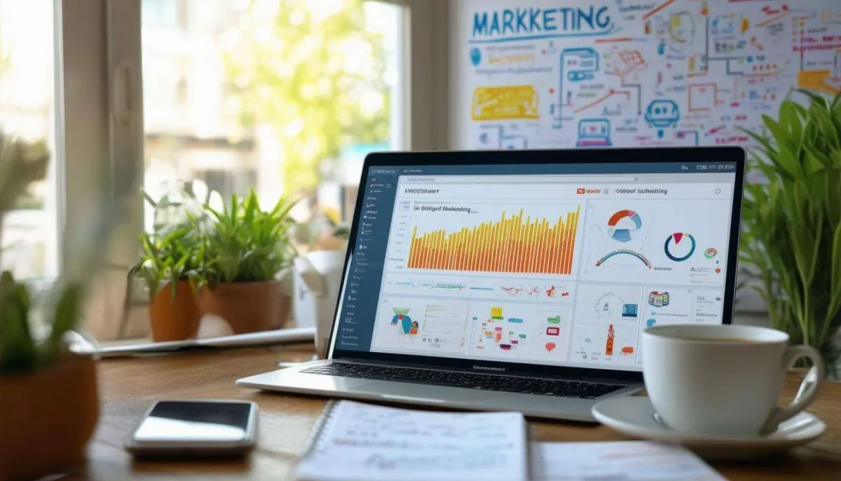 laptop in an office setting showing different marketing analytics.