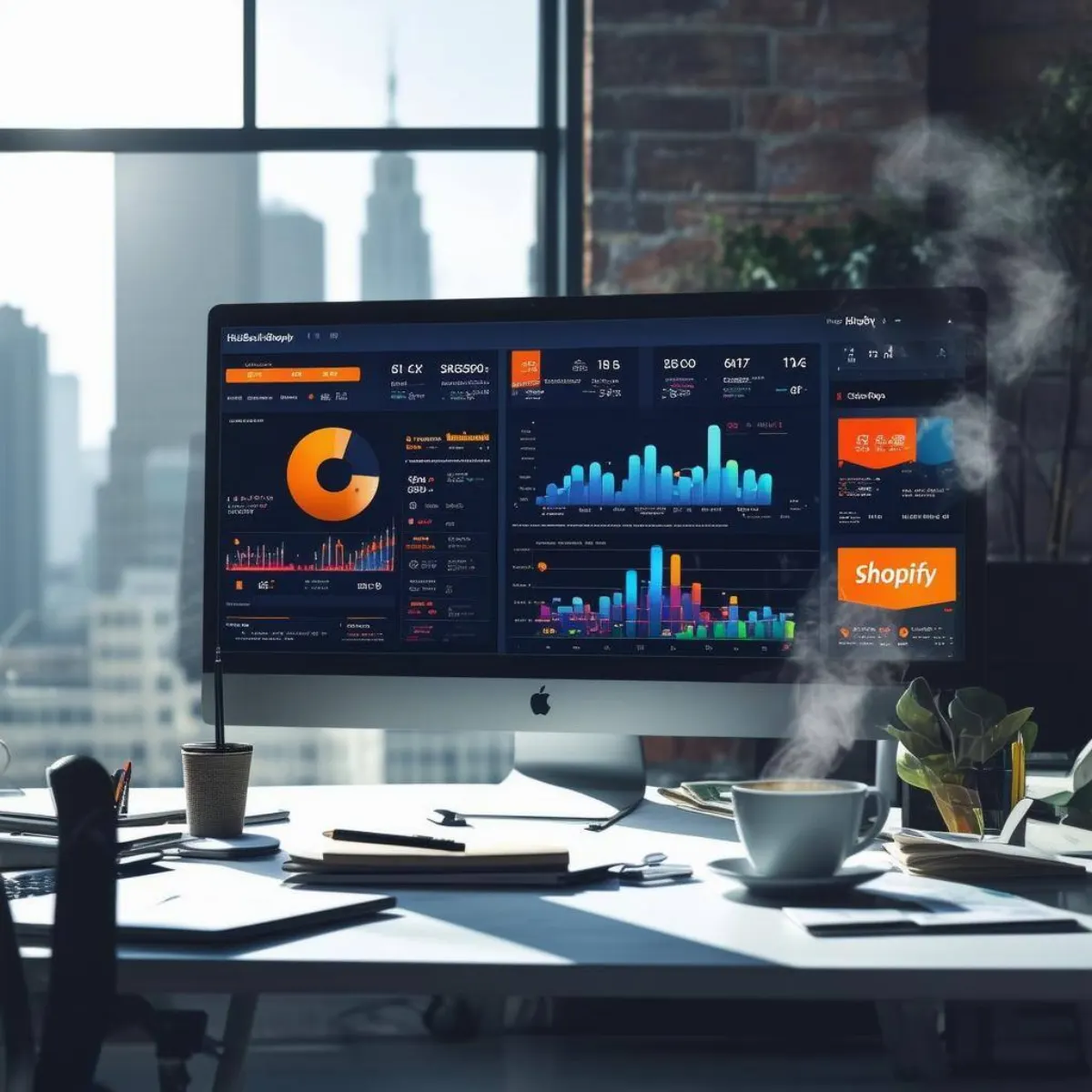 Depicts a sleek, modern workspace featuring a large computer monitor displaying a vibrant dashboard of the HubSpot and Shopify integration i-2