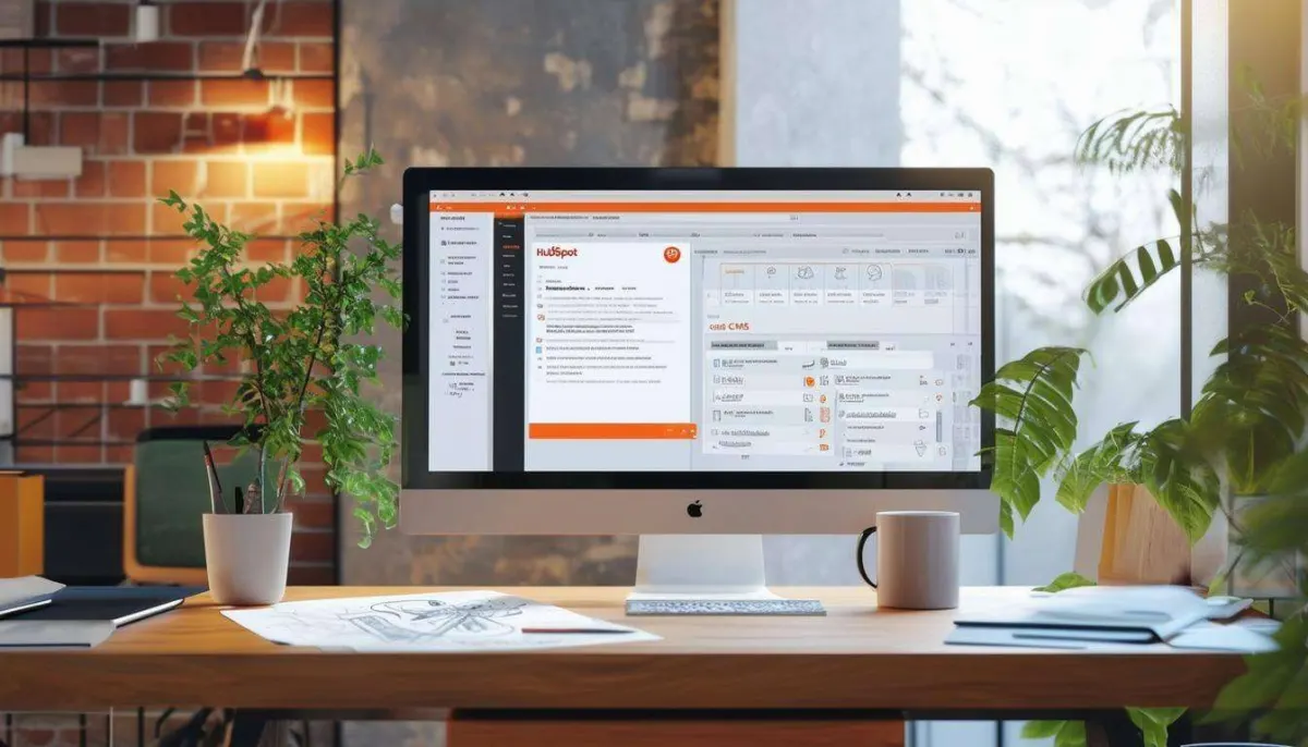 computer in office setting showing HubSpot analytics.