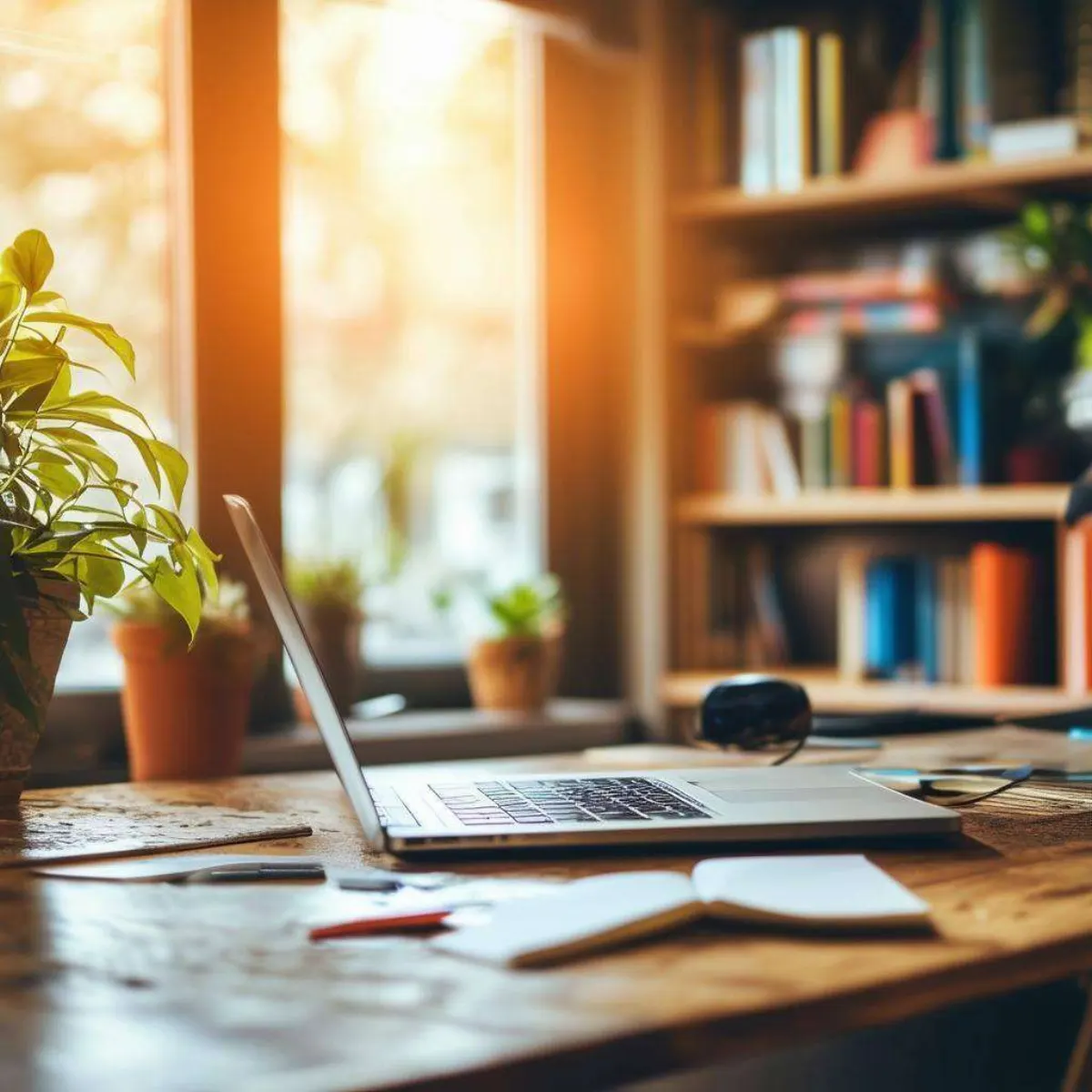 Showcases a sleek, modern workspace adorned with vibrant decor, where a laptop sits open on a wooden desk-1