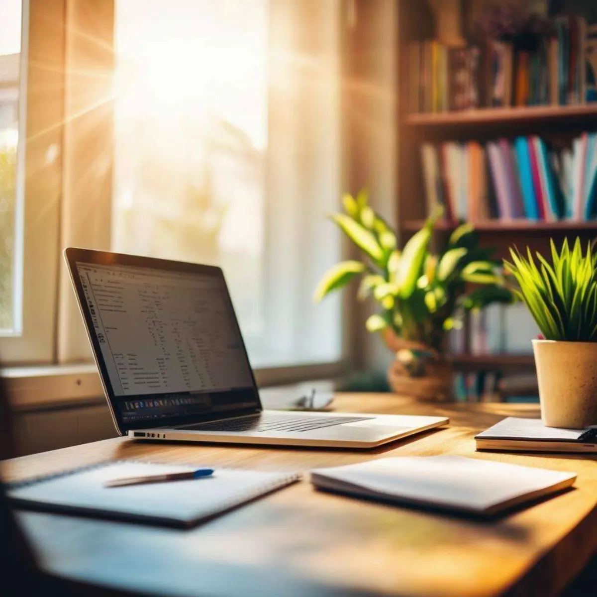 Showcases a sleek, modern workspace adorned with vibrant decor, where a laptop sits open on a wooden desk-2