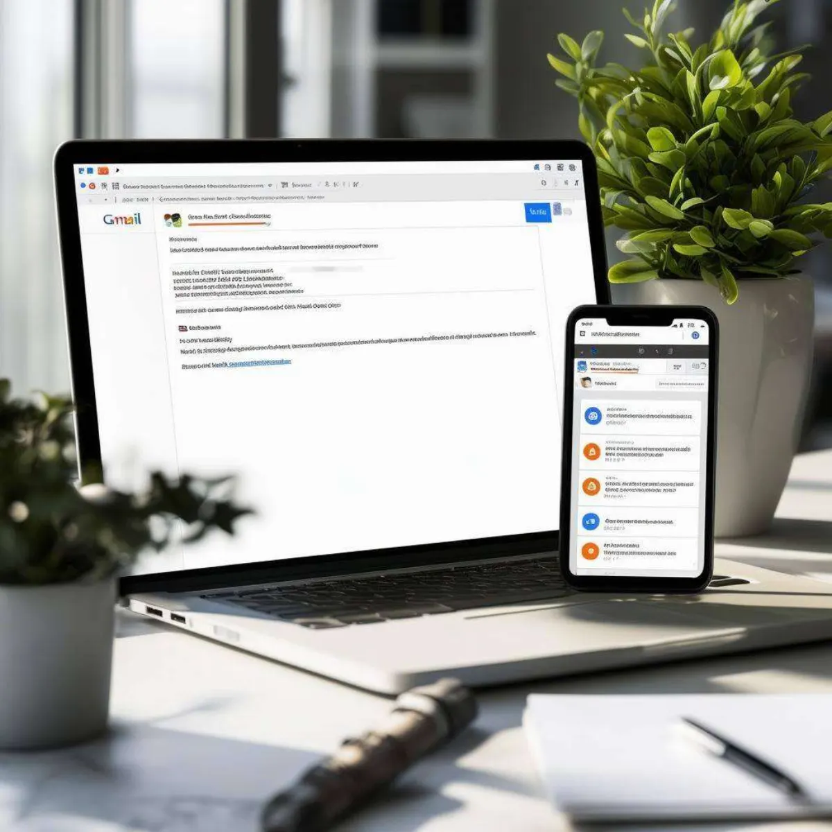 Showcases a sleek, modern workspace featuring a laptop open to a Gmail interface integrated with HubSpot-1