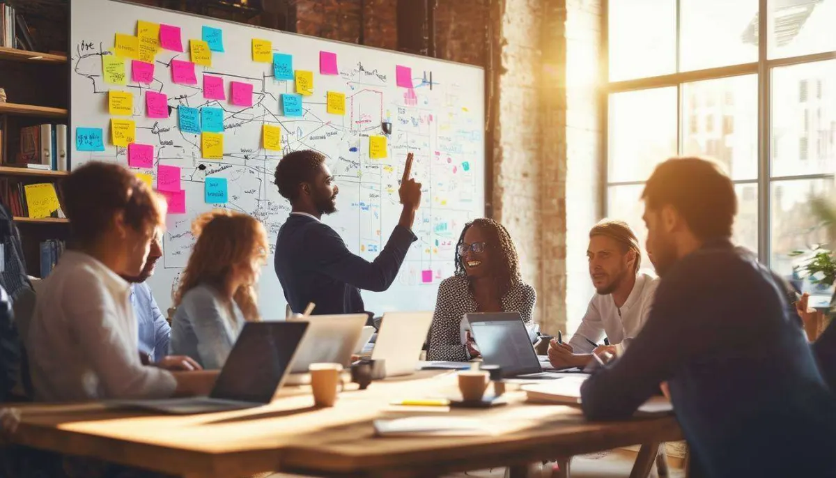Team brainstorming small business growth strategies, collaborating on marketing and operational ideas to drive success.