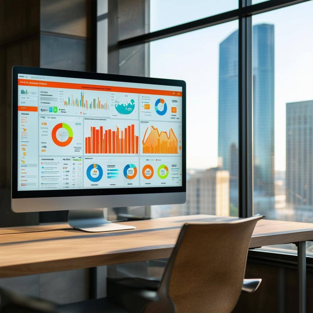 The image depicts a modern office workspace, featuring a sleek desk with a monitor displaying a vibrant HubSpot dashboard filled with colorful graphs-1