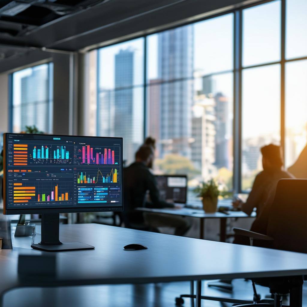The image depicts a modern office workspace, featuring a sleek desk with a monitor displaying a vibrant HubSpot dashboard filled with colorful graphs-2