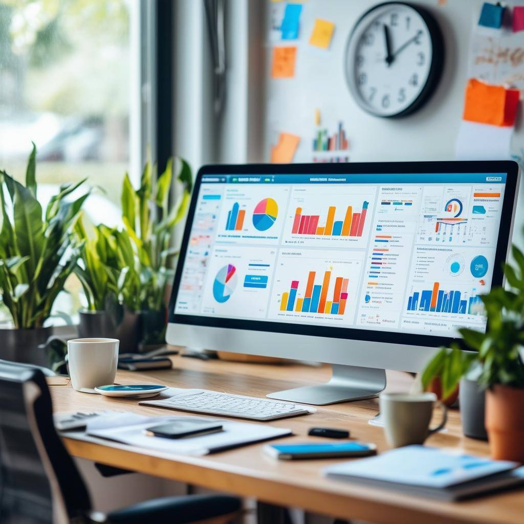 The image depicts a modern workspace with a large computer screen displaying a vibrant dashboard filled with colorful graphs, charts, and key performa-1