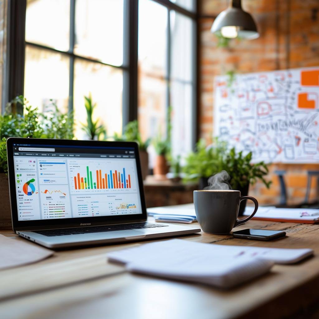 The image depicts a sleek, modern workspace designed for digital marketing professionals-1