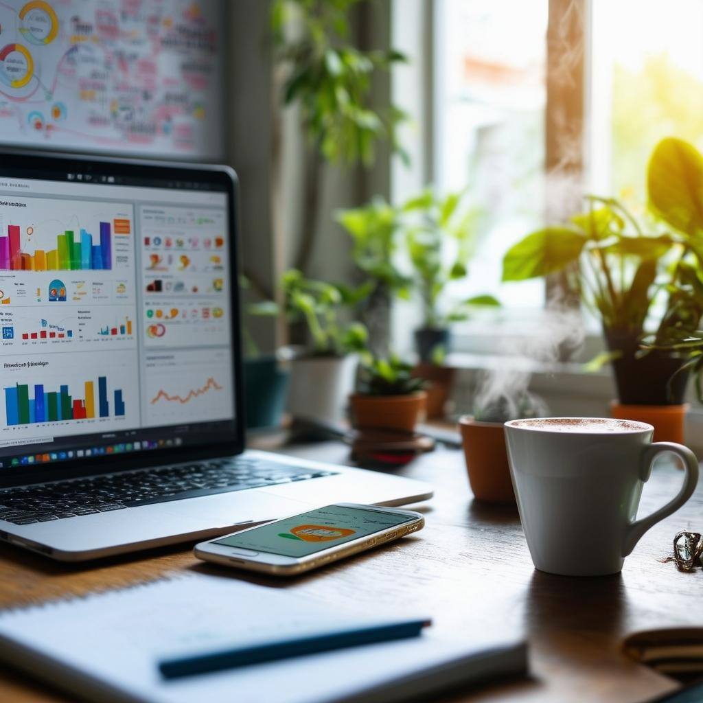 The image depicts a sleek, modern workspace designed for digital marketing professionals-2