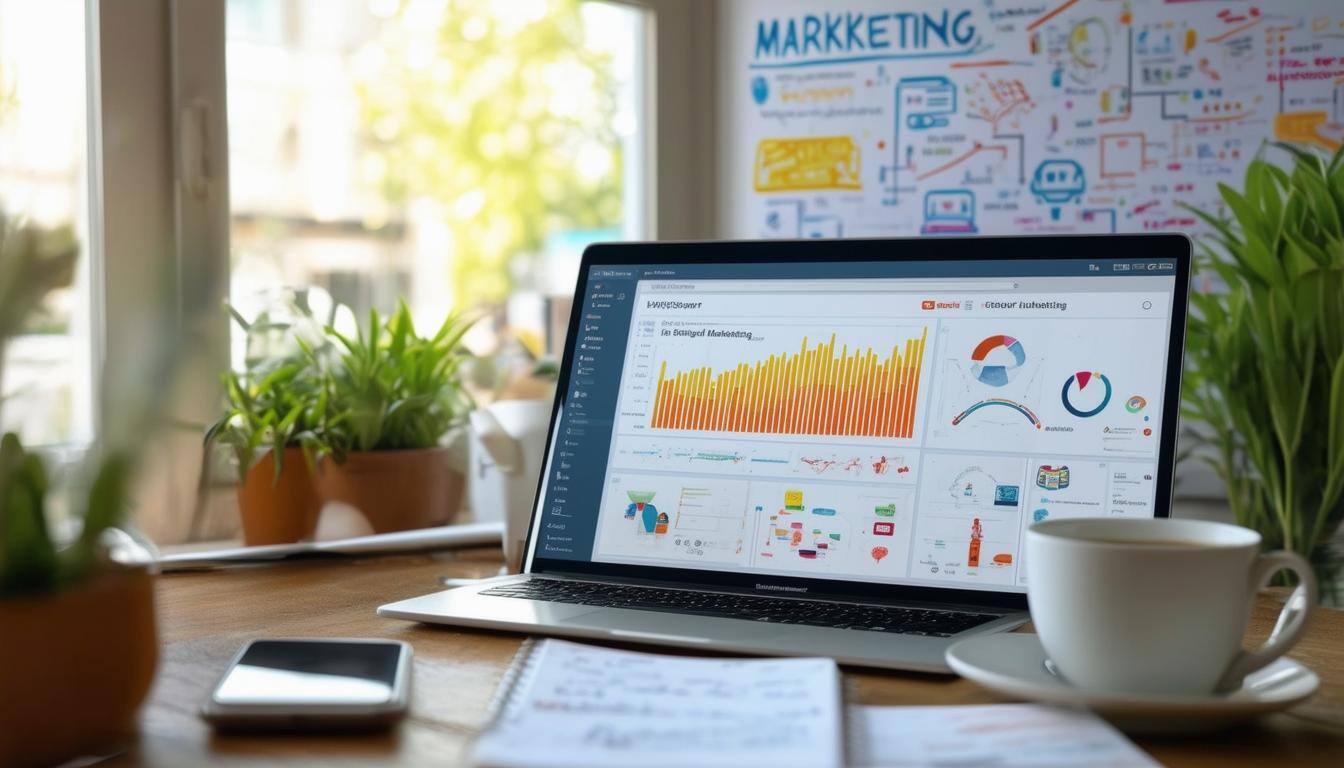 laptop in an office setting showing different marketing analytics.