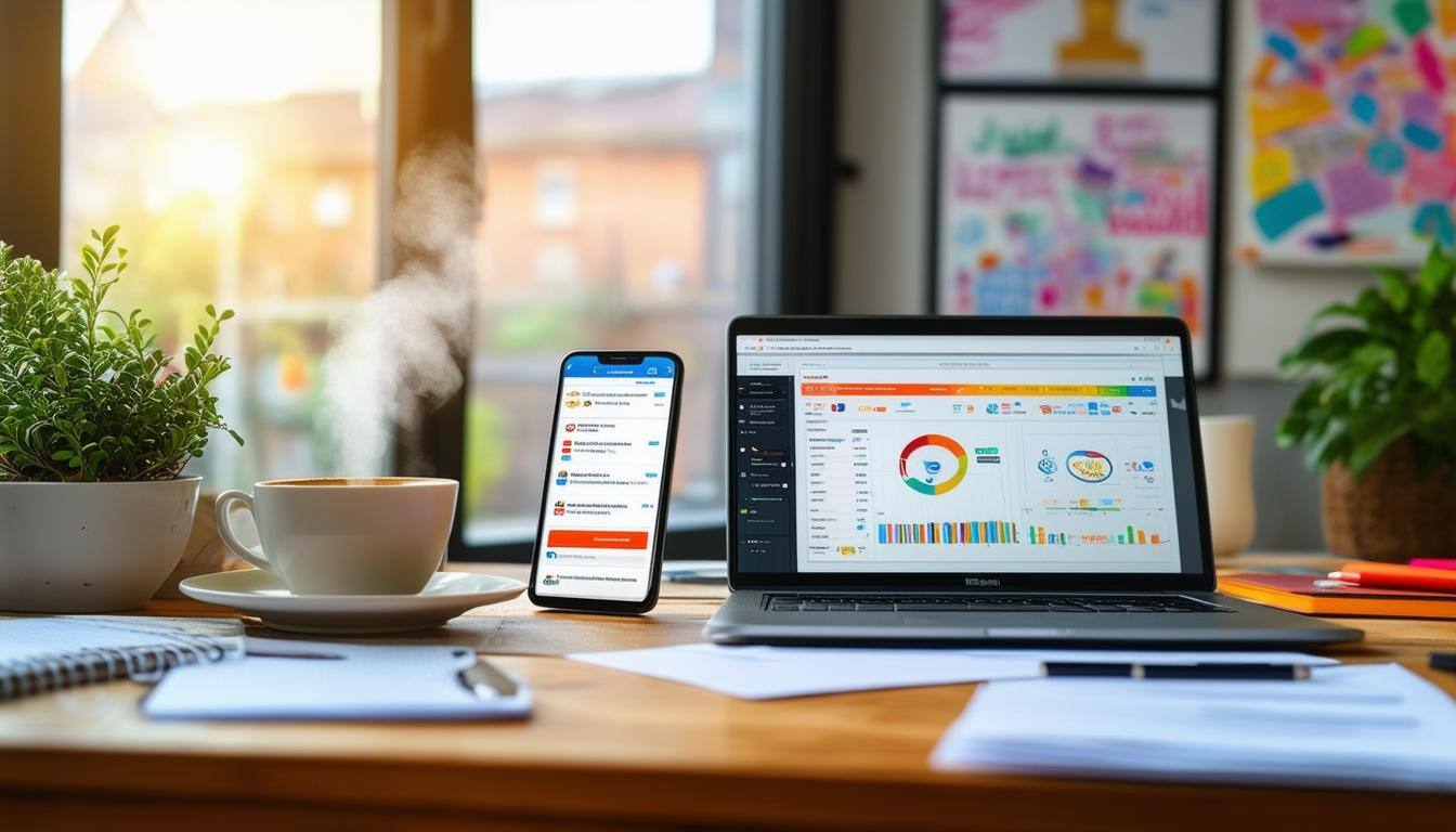A laptop and phone showing social media analytics, highlighting HubSpot's tools for managing and optimizing social media performance.